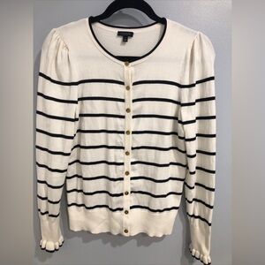Talbots Size Small Charming Cardigan Mariner stripe Ruffle Cuffs Black Cream
